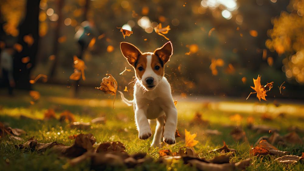 Puppy Playtime in Autumn Leaves wallpaper