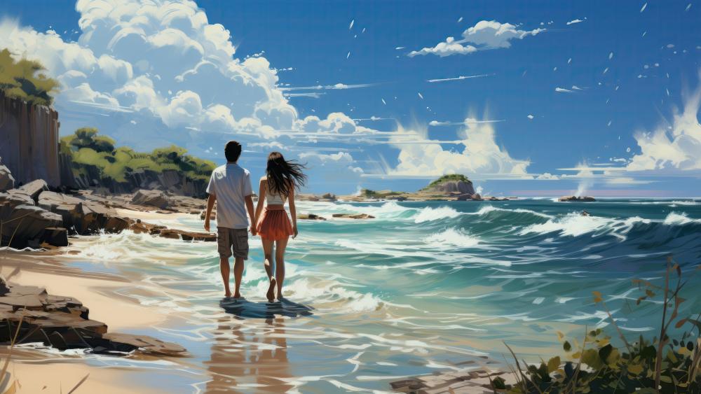 Romantic Stroll on a Tropical Paradise Beach wallpaper