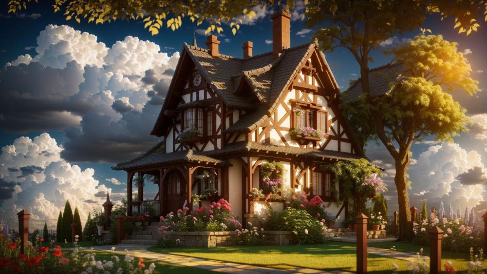 Charming Anime Cottage in Idyllic Landscape wallpaper