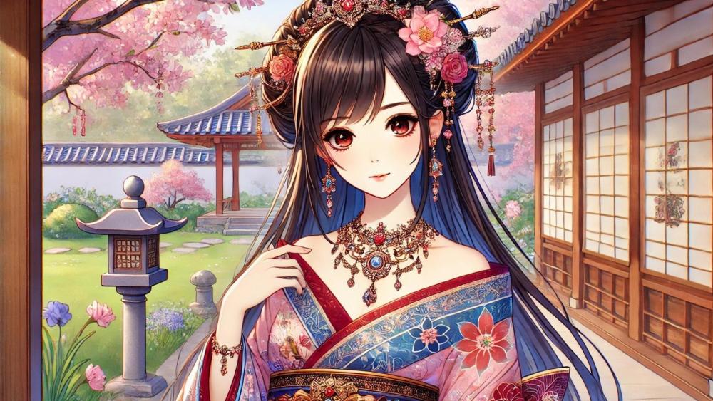 Anime Elegance in Bloom: Oriental Serenity wallpaper
