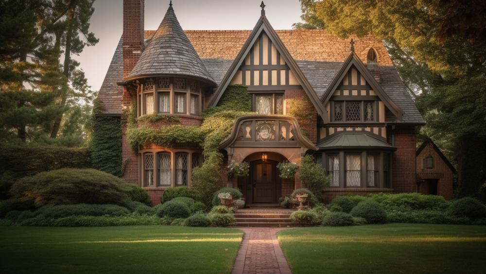 Charming Tudor Manor in Lush Garden Setting wallpaper