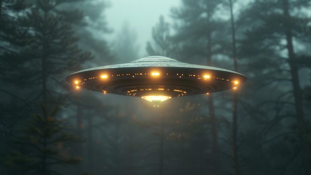 UFO in Mysterious Forest Mist wallpaper