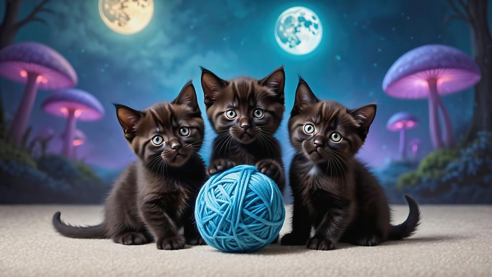 Mystical Night Kittens in Enchanted Forest wallpaper
