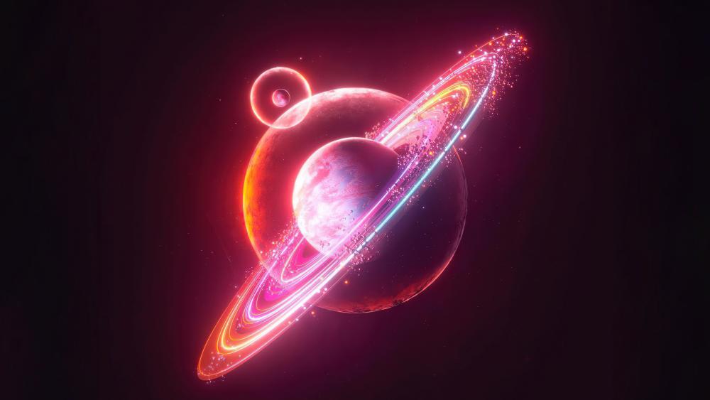 Neon Cosmos Enchantment: A Ringed Planet Wonder wallpaper