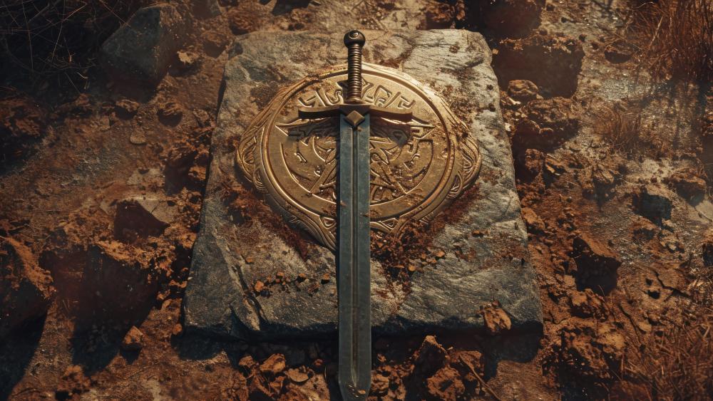 Enchanted Sword on Ancient Relic in Mystical Realm wallpaper
