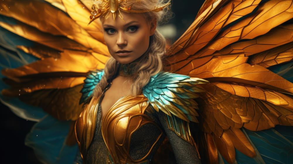 Golden Angel Goddess Illuminates a Fantasy Realm wallpaper