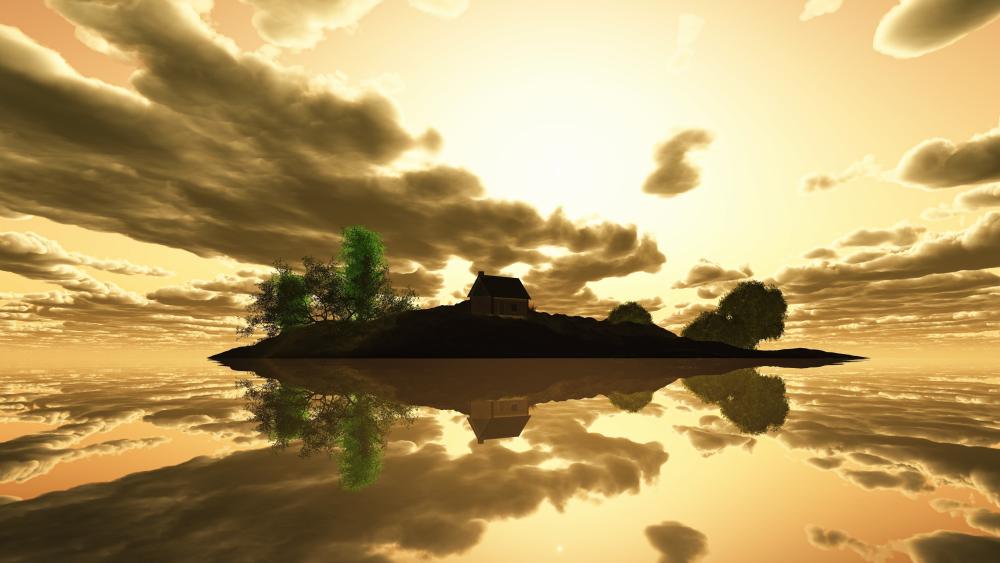 Serene Dusk Reflection Over Tranquil Lake wallpaper