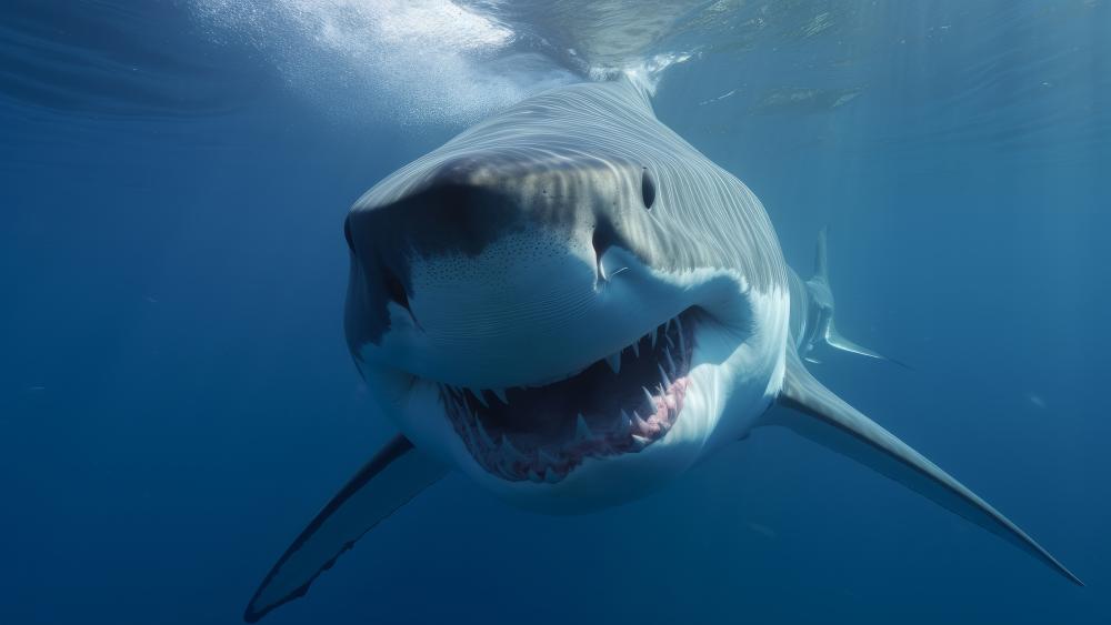 Great White Shark's Intense Underwater Gaze wallpaper