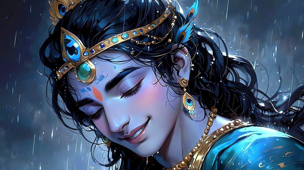 Ethereal Krishna: Divine Serenity in Rainy Bliss wallpaper