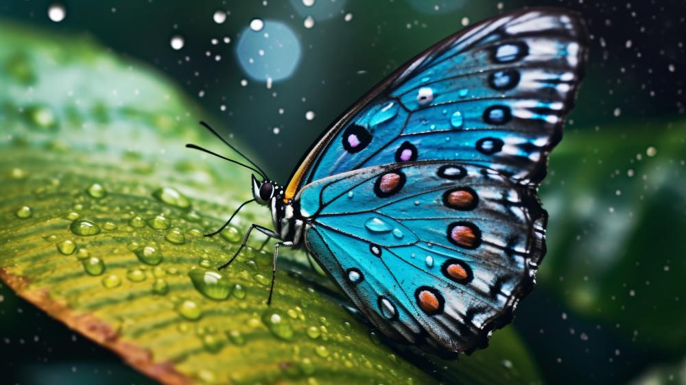 Blue Butterfly in a Rainy Wonderland wallpaper