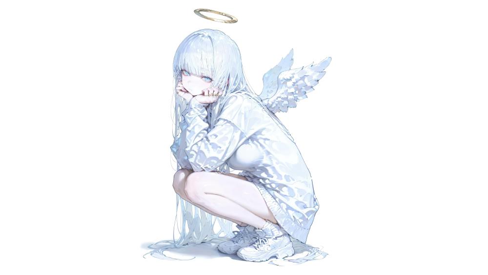 Anime Angel with Ethereal Elegance in White wallpaper