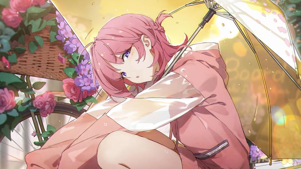 Pink-Haired Anime Girl with Umbrella Tranquility wallpaper