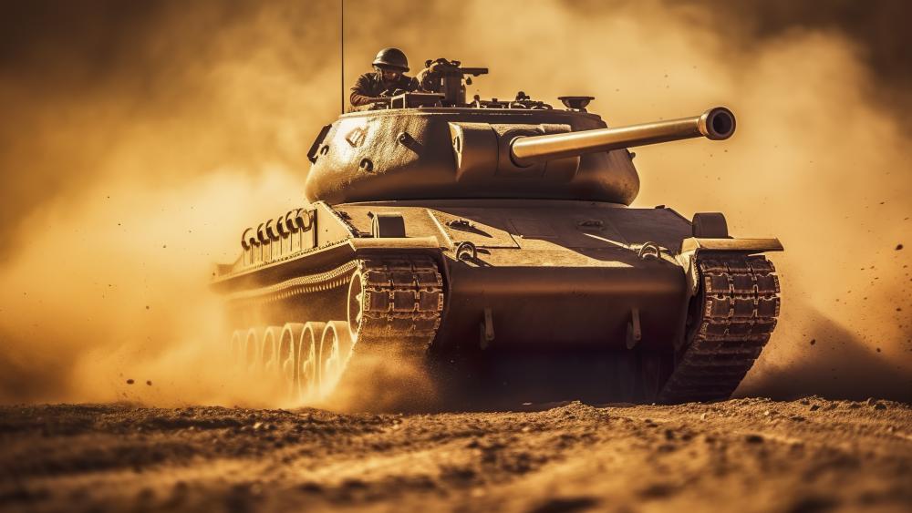Tank in Action amidst Dusty Battlefield wallpaper