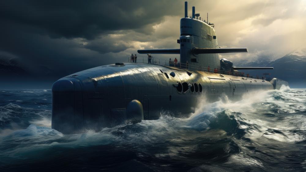 Submarine in Stormy Seas: A Futuristic Naval Vision wallpaper