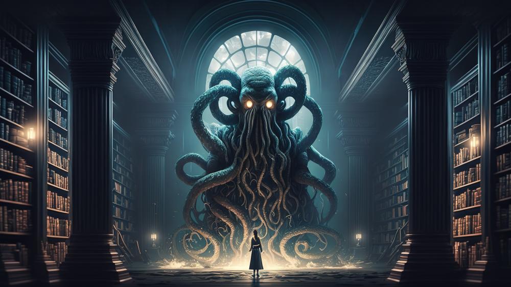 Monstrous Presence Amidst Endless Shelves wallpaper