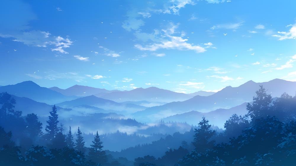 Serene Anime Wilderness Panorama in Blue wallpaper