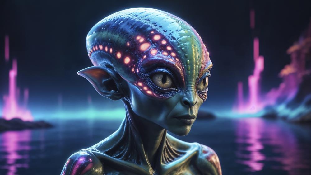Neon-Cloaked Alien in Fantastical World wallpaper