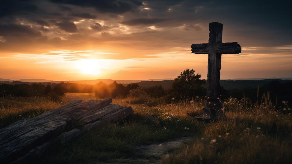 Sunset Serenity Cross in Nature's Embrace wallpaper