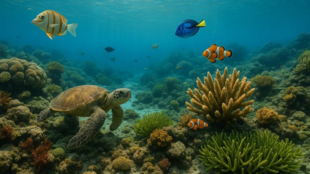 Underwater Paradise with Sea Turtle and Coral wallpaper