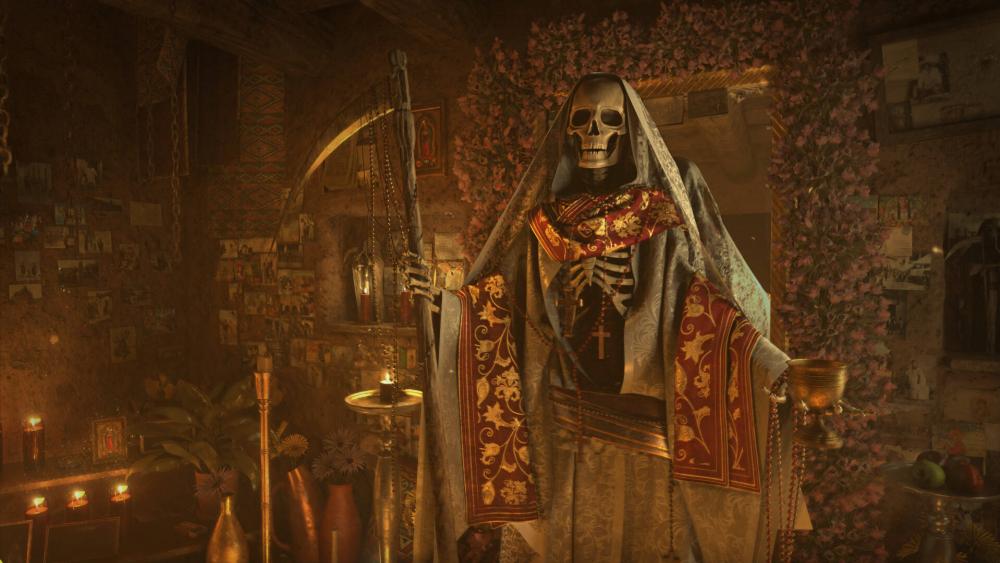Ethereal Presence of Santa Muerte in Candlelit Chamber wallpaper