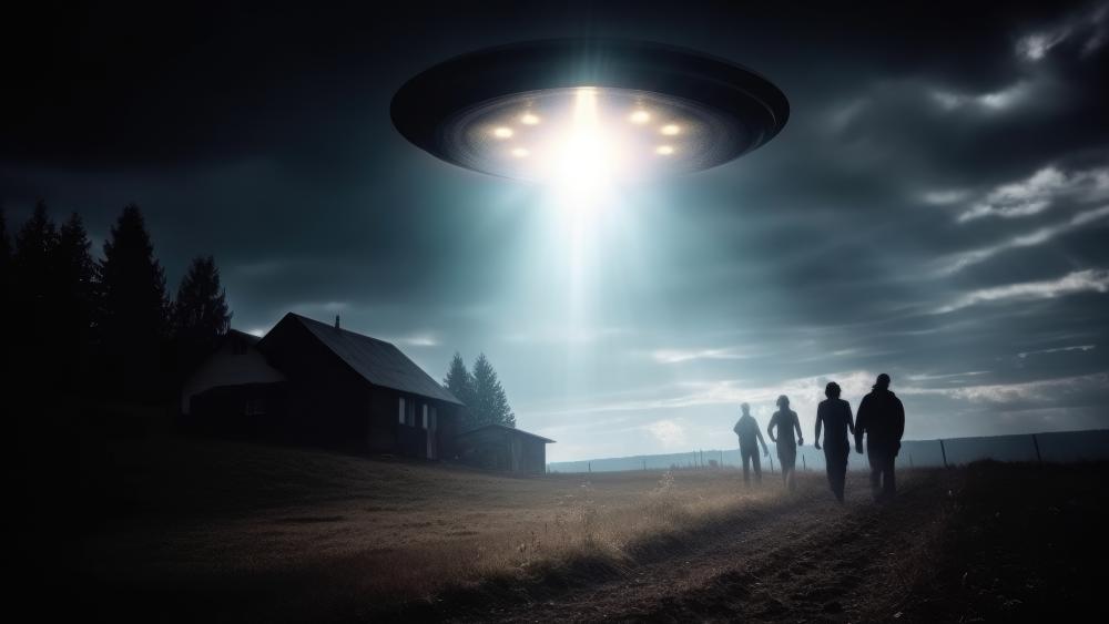 Mysterious UFO Encounter in a Haunted Landscape wallpaper