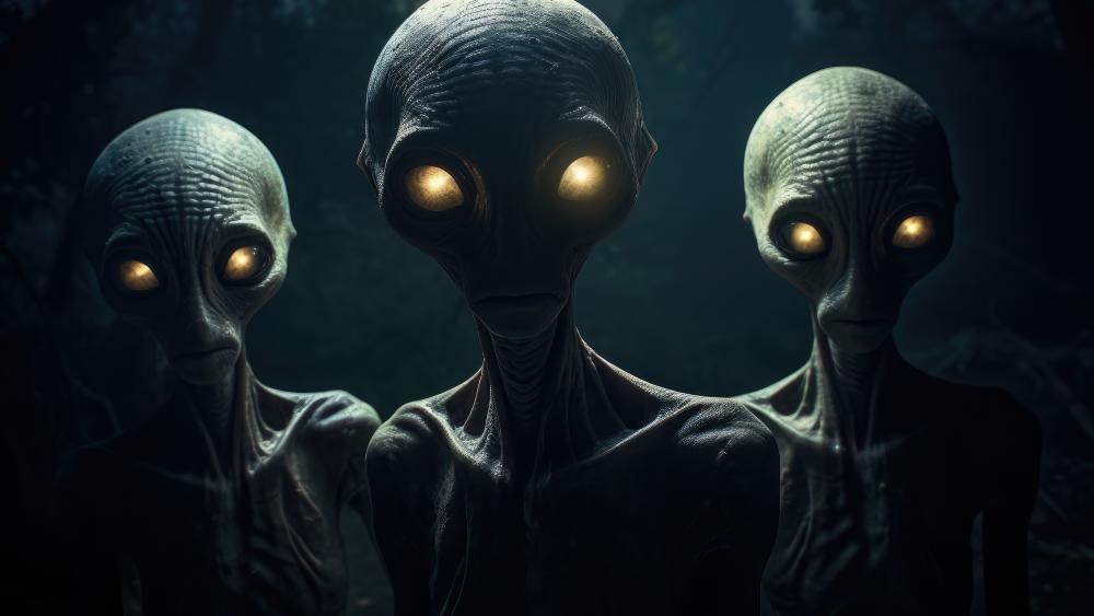 Alien Beings with Glowing Eyes in Dark Forest wallpaper