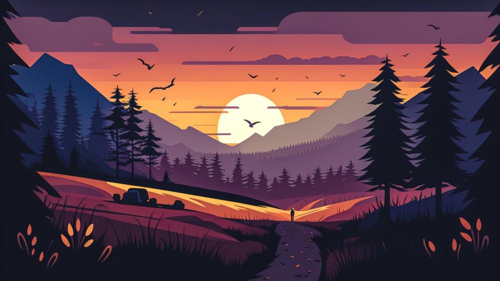 Sunset Serenity in a Mystic Forest wallpaper