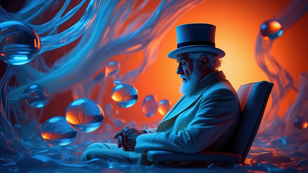 Gentleman in Surreal Dreamscape with Fedora and Bubbles wallpaper