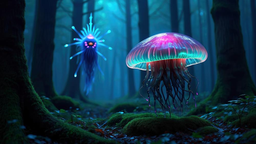 Alien Jellyfish in Enchanted Forest Glow wallpaper
