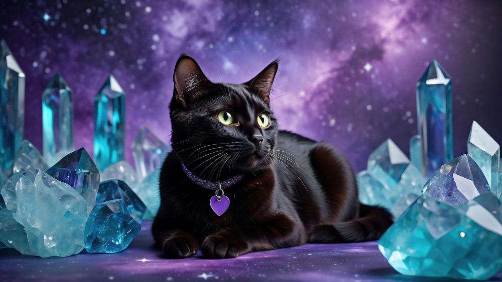 Mystical Black Cat Among Crystals wallpaper