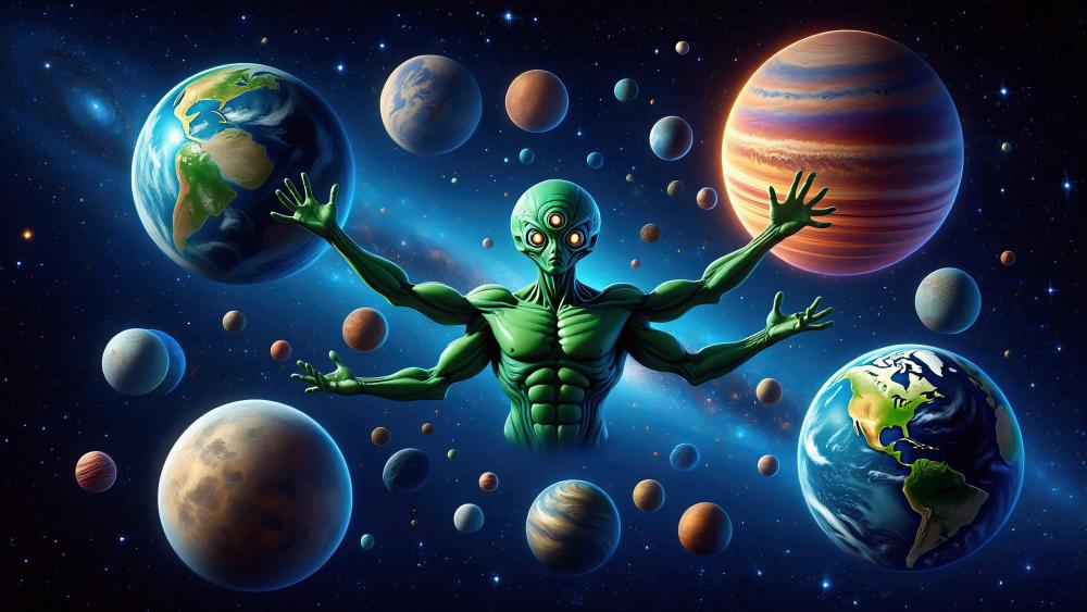 Three-Eyed Alien Juggles Planets in Space wallpaper