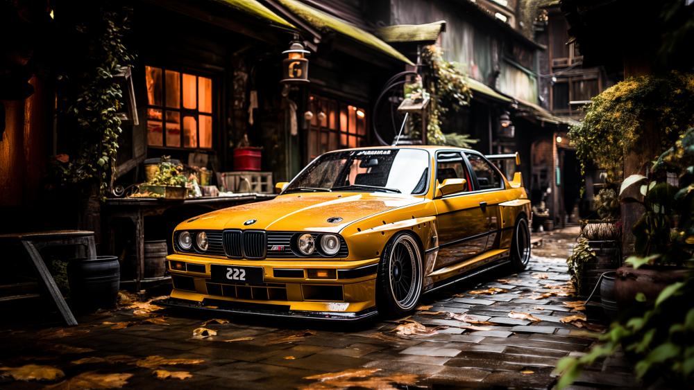 Yellow BMW Sports Car in Vintage Setting wallpaper