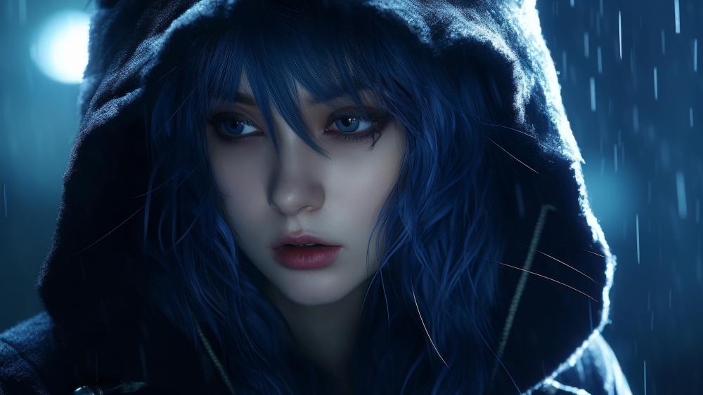 Rainy Night Reflections: Blue-Haired Melancholy wallpaper