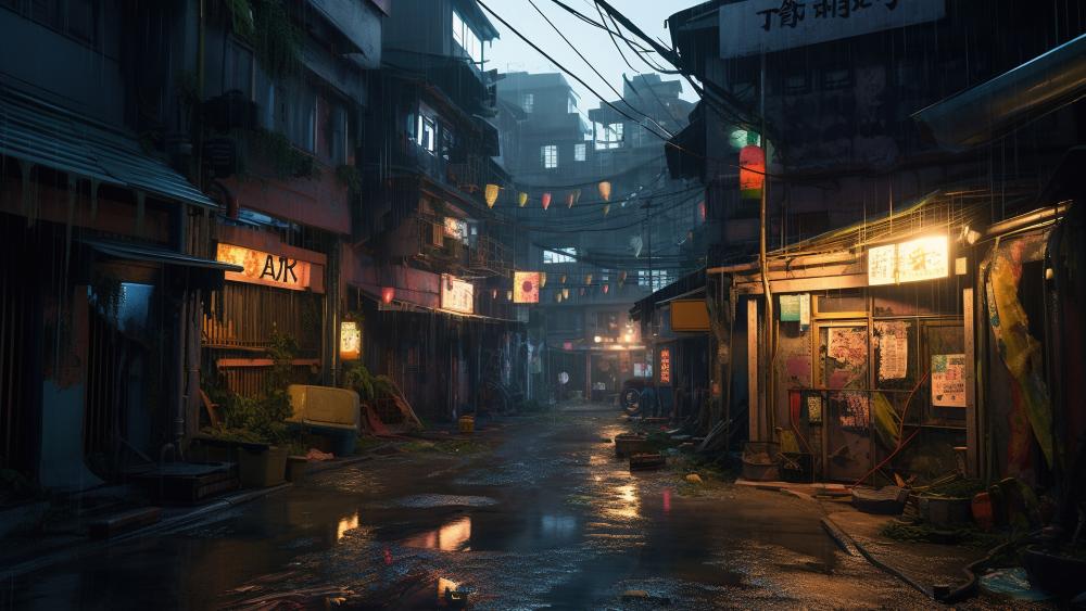 Rainy Alley Serenity in a Futuristic Cityscape wallpaper