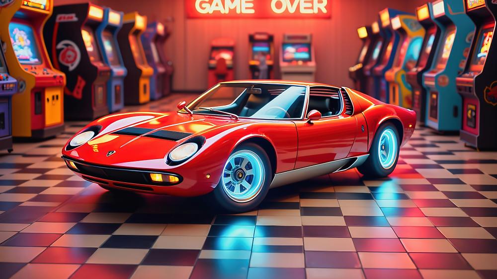 Lamborghini Miura in Retro Arcade Scene wallpaper