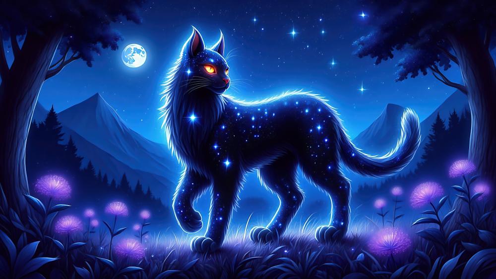 Mystical Midnight Cat under Moonlit Skies wallpaper