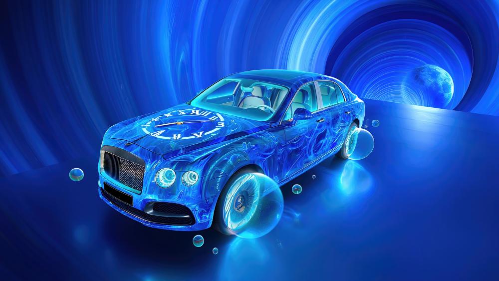Blue AI-Enhanced Car in Futuristic Tunnel wallpaper
