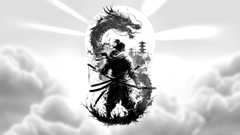 Samurai’s Dragon Spirit Awakening in Monochrome Glory wallpaper