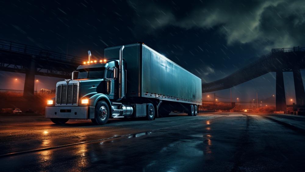 Truck in Night Rain on Empty Road wallpaper