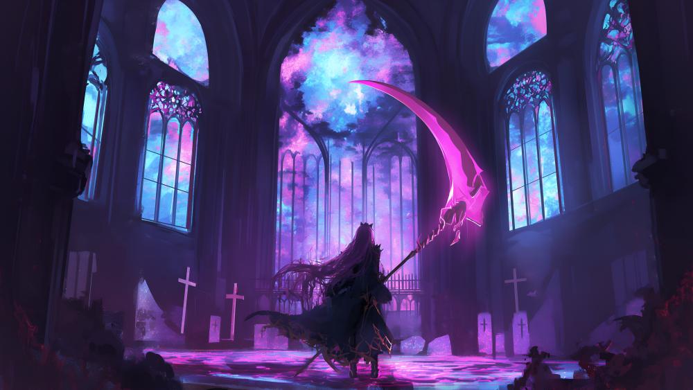 Gothic Sanctuary in Vivid Neon Shades wallpaper