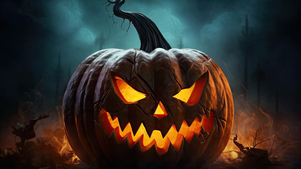 Creepy Jack-o'-Lantern Glows in the Night wallpaper