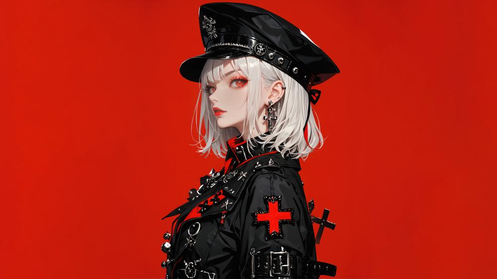 Red-Eyed Enigma in Scarlet Elegance wallpaper