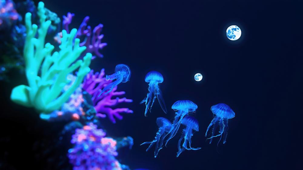 Ethereal Glow of Bioluminescent Jellyfish wallpaper