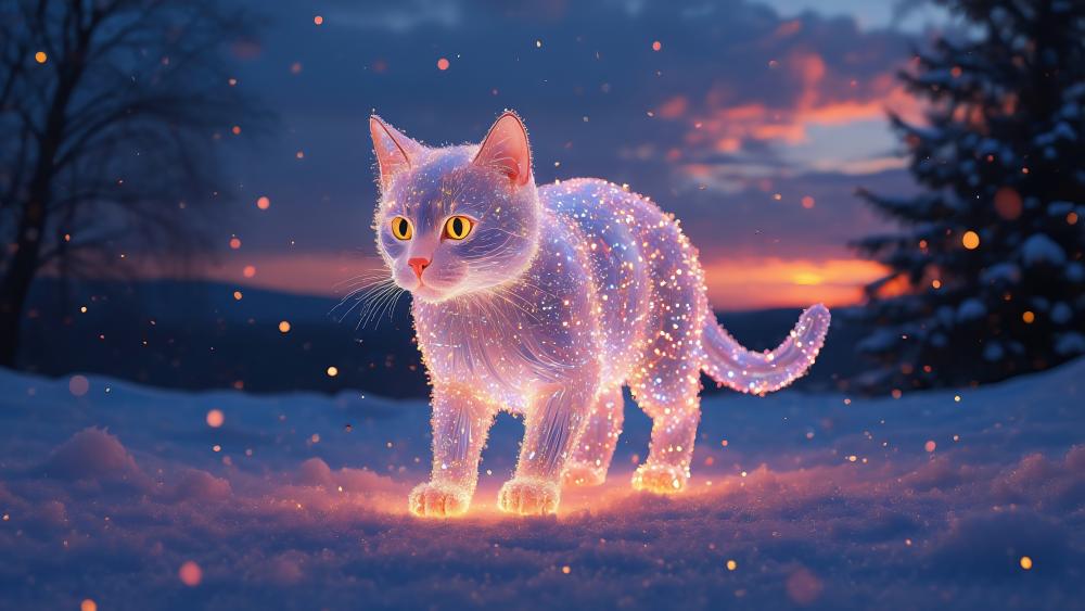 Glowing Fantasy Cat in Enchanted Snowy Landscape wallpaper