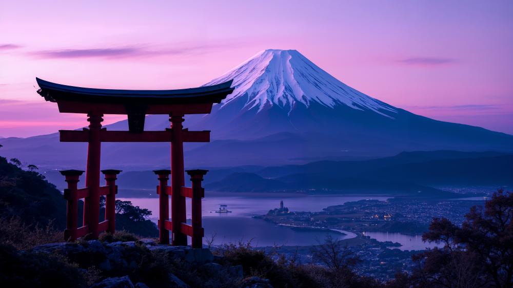 Torii Gate at Dusk with Mount Fuji in View wallpaper
