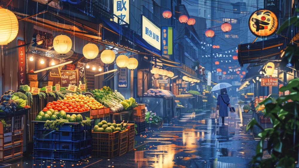 Evening Stroll in a Rainy Anime Market wallpaper