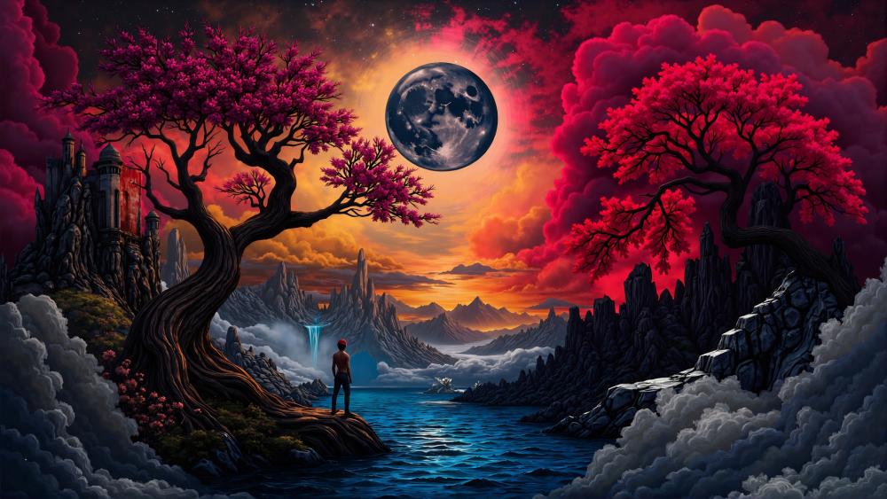 Moonlit Fantasy Landscape with Enchanted Trees wallpaper