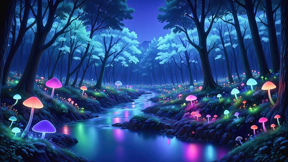 Enchanted Forest of Glowing Mushrooms wallpaper