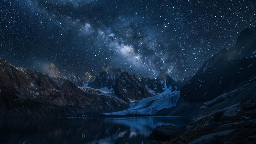 Starry Night Over Mountain Peaks and Glacial Lake in 4K wallpaper