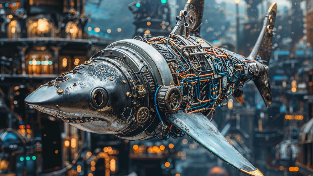 Cyberpunk Robot Shark in Steampunk Cityscape wallpaper